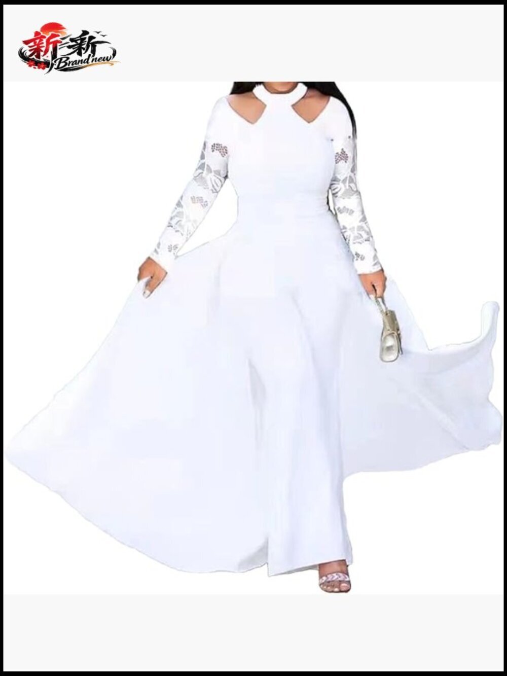 Long Sleeve Lace Patchwork Jumpsuit with Zipper Closure